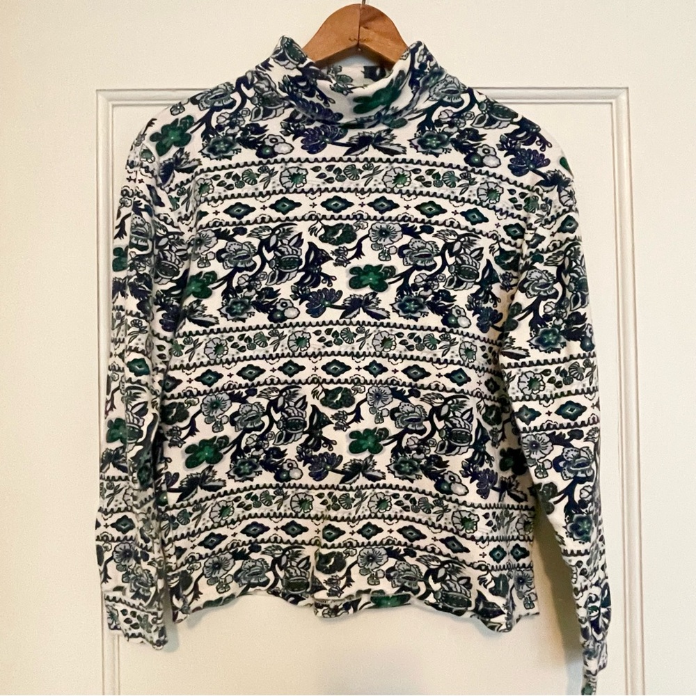 Vintage Blue Green Floral Turtleneck